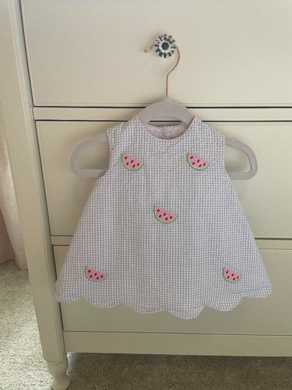 Little English Baby Girl Light Blue Seersucker Embroidered Watermelon Set 9M